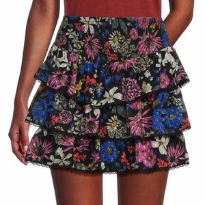 Spring + Mercer Black Multi Floral Print Smocked Tiered Preppy Mini Skirt M NWT